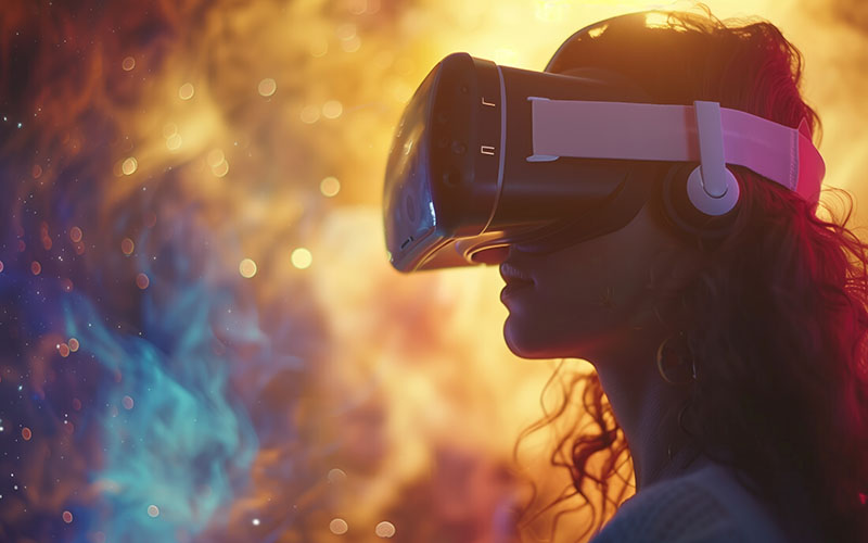 A woman wearing a virtual reality headset, immersed in a digital environment, interacting with virtual elements and experiencing sensory stimulation.