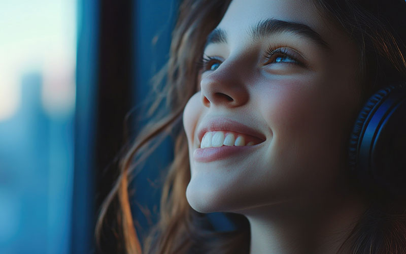 This is a stock image of a young woman smiling while listening to headphones. She appears relaxed and engaged in the music or audio content, providing a sense of enjoyment and connection to the viewer