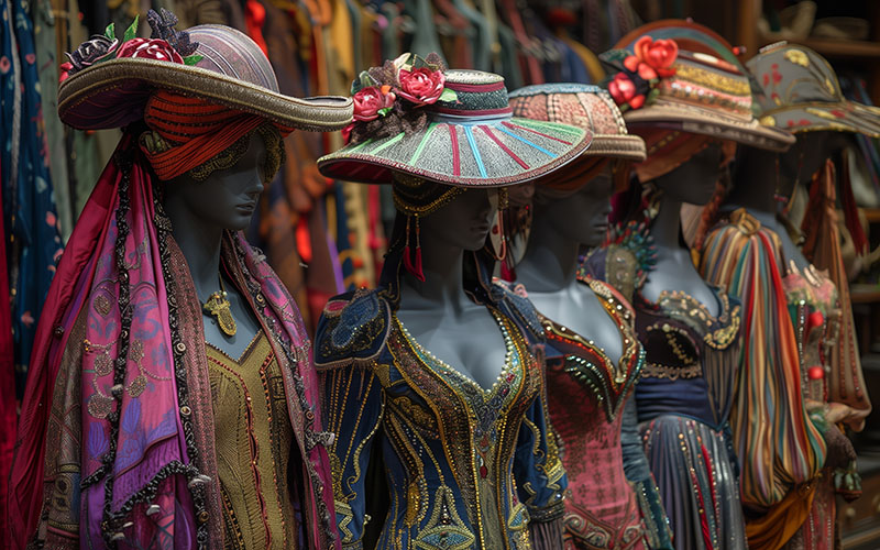 A row of mannequins dressed in elaborate, brightly colored costumes and large, decorated hats are displayed in a costume shop. The mannequins costumes are all unique and feature intricate details like beading and embroidery.