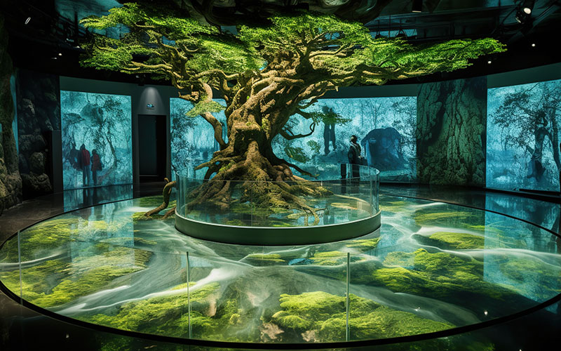 Immersive Nature Exhibit: Majestic Tree and Water Feature