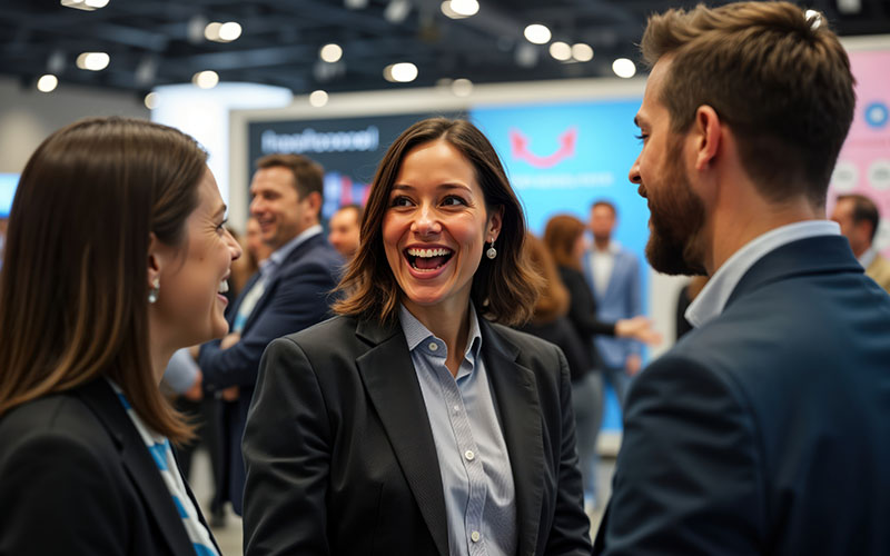 Startup business owner presenting at trade show. Happy laughing people listen attentively. Group of people enjoying event. Lively atmosphere inside exhibition hall. Successful business concept.