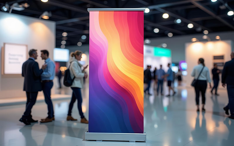 Modern silver roll up banner stand for trade shows, display, pro
