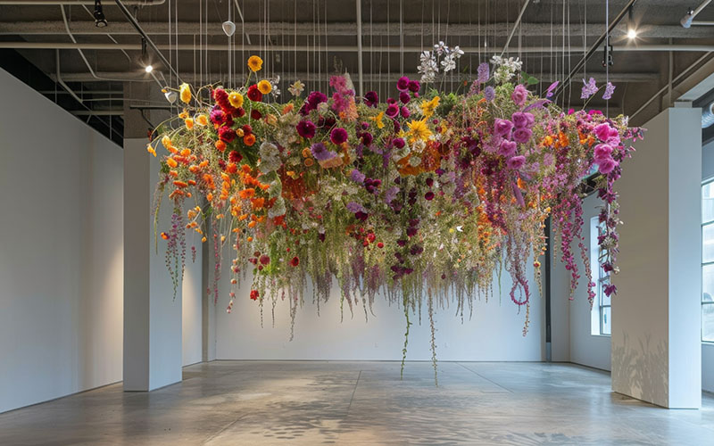 A large floral installation hangs from the ceiling of a modern gallery, featuring a variety of colorful blooms and greenery. The installation fills the space with a vibrant and whimsical atmosphere.