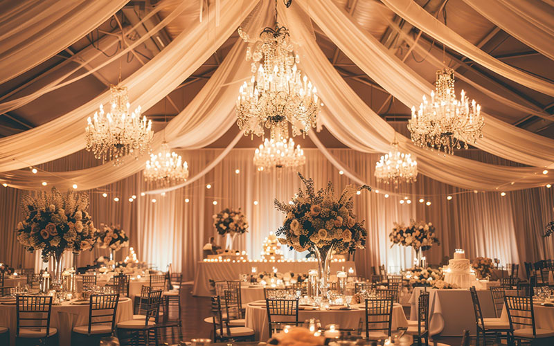 A beautifully decorated wedding venue with draped fabric, chandeliers, and lush floral arrangements --chaos 6 --ar 16:9 Job ID: 8c996110-3f20-4b4c-b8bb-14e810f93885