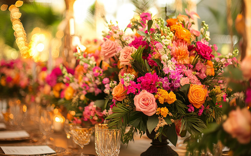 A table decorated with vibrant pink, orange and yellow floral arrangements.