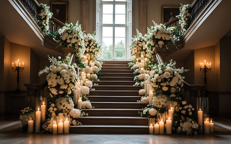 Grand Staircase Decorated with Elegant White Flowers and Candles