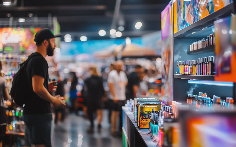 Customer browsing cbd products at a cannabis dispensary expo, with colorful displays and a blurred crowd in the background