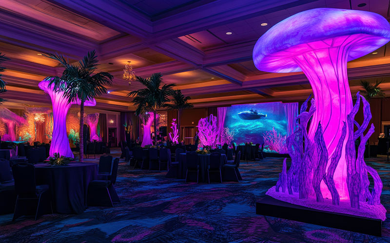 Stunning marine-themed art installations featuring vibrant jellyfish sculptures create an immersive atmosphere for celebrations and events during festivities.