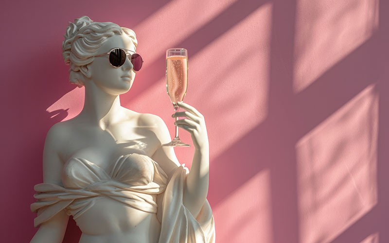 Sculpture of woman with glass of champagne on pink background