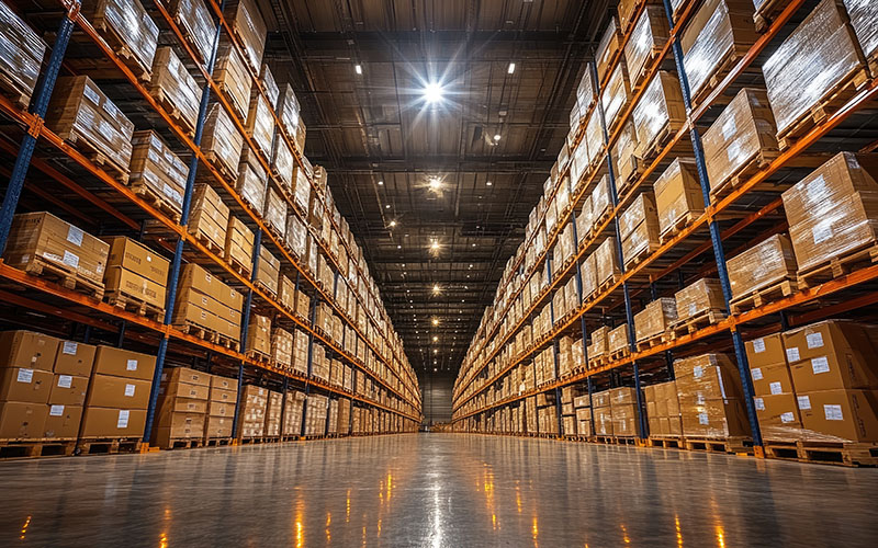 Large industrial warehouse aisle with high racks full of cardboard boxes ready for shipment