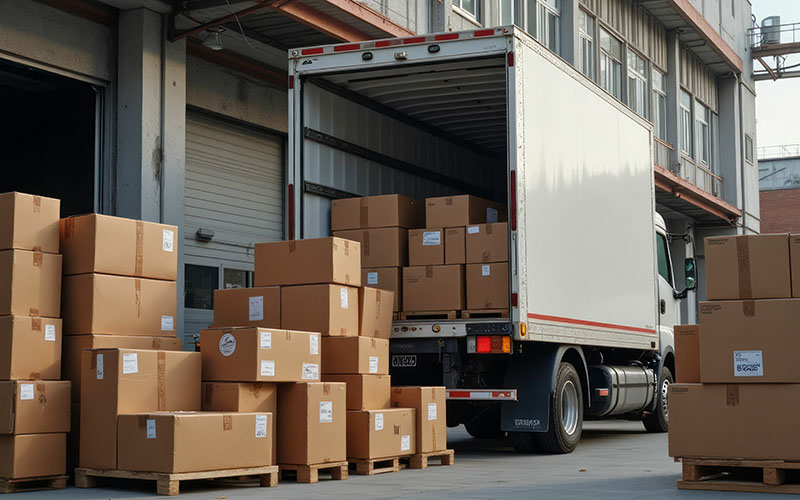 A white delivery truck is being loaded with numerous cardboard boxes at a warehouse loading dock.