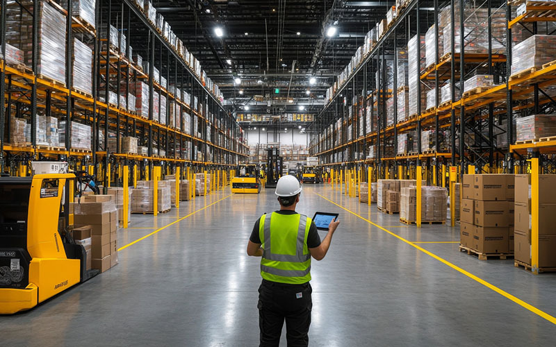 Warehouse worker using tablet in large distribution center.