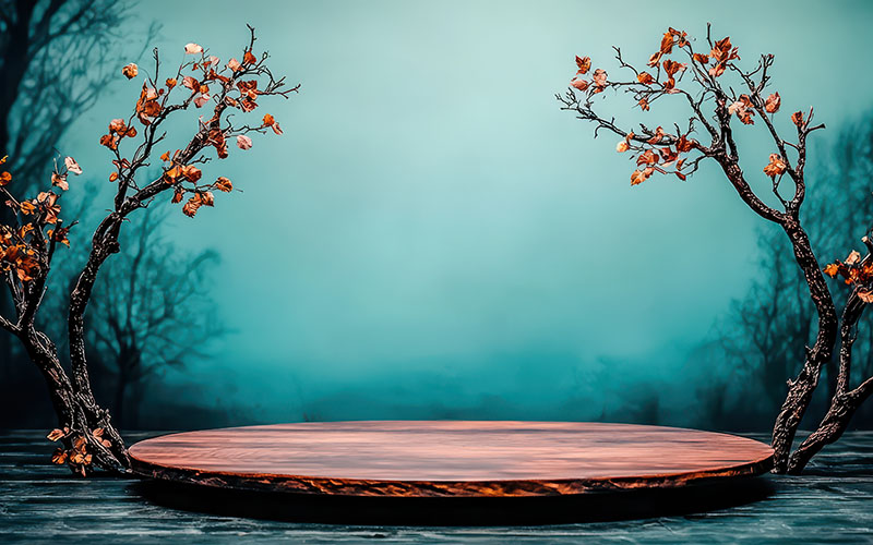 Background for products of natural [burnished copper]. Empty round podium for product presentation with [crackling leaves and darkened branches] around the podium. Front view. --chaos 30 --ar 16:9 --quality 2 --style raw --profile u7ybgcq --v 6.1 Job ID: 022df1b2-cc35-4305-a8f8-f048d628debe