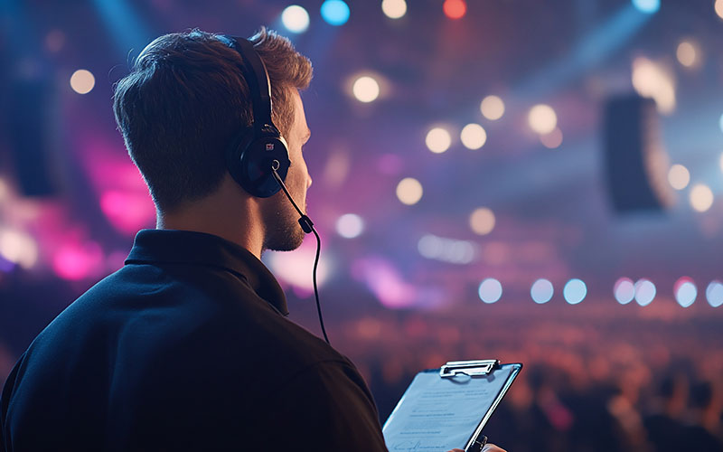 A technician monitors an event with a clipboard and headset.