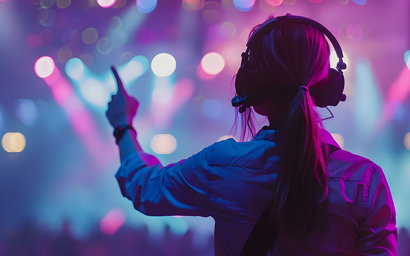 Woman event manager with headset pointing at live concert copy space available. Concept Event Management, Live Concert, Woman in Headset, Copy Space, Entertainment Industry